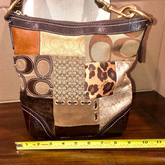 COACH Patchwork Top Zipper Crossbody Shoulder Bag Animal Print Brown Lining - Picture 11 of 17